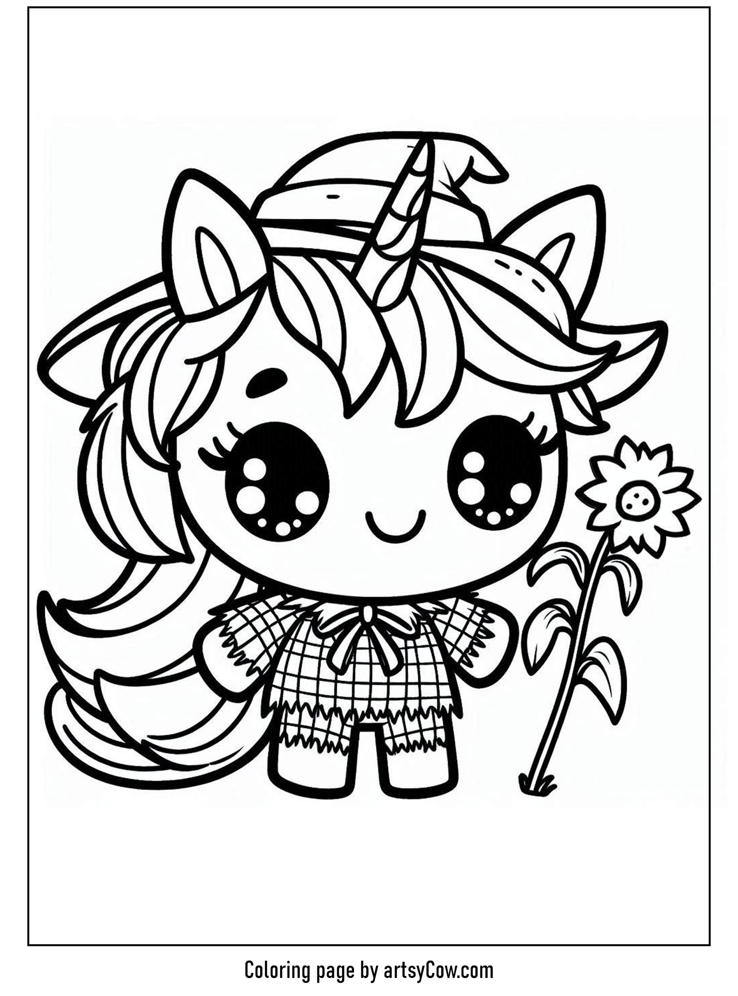 Halloween coloring pages with unicorn 2 featuring a unicorn in a scarecrow outfit holding a flower.